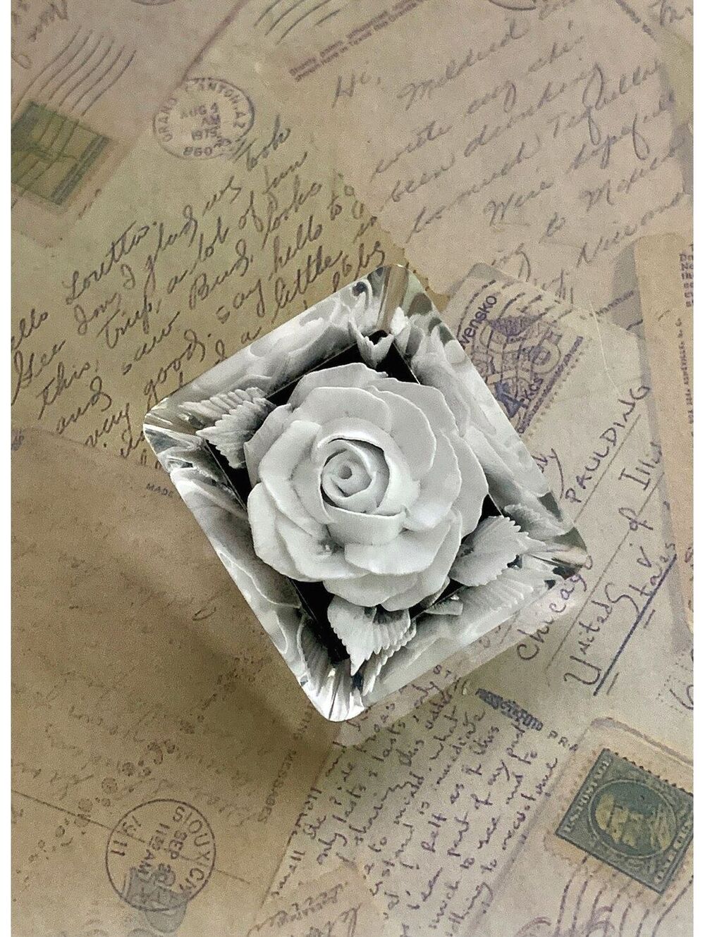 Vintage Lucite Encapsulated White Rose Intaglio Brooch Pin